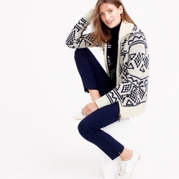 J. Crew Fair Isle Full Zip Thick Knit Lambswool Cardigan Sweater Cream Blue Boho - Picture 11 of 11